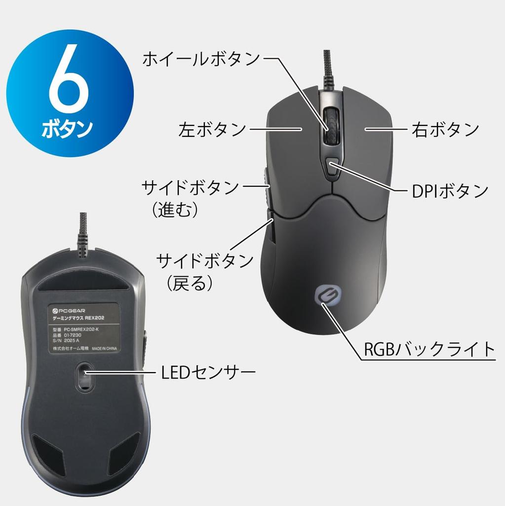 OHM PCGEAR Wired Gaming Mouse with USB Connection and Backlight, PC-SMREX202-K (Product Code 01-7230)