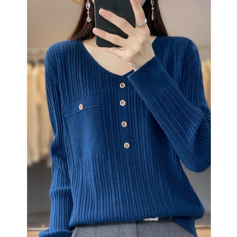 Herbst- und Winter-Strickwaren für Damen mit langen Ärmeln, Strickpullover mit V-Ausschnitt und inneren Pit-Streifen