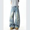 Retro blue ripped jeans men's summer thin washed old ripped pants American high street straight pants