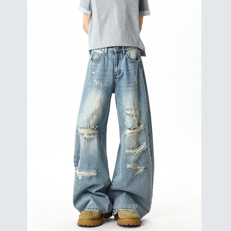 Retro blue ripped jeans men's summer thin washed old ripped pants American high street straight pants
