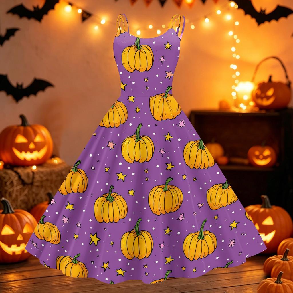 Womens Halloween Printed Off Shoulder Dress Vintage Punk Style Sleeveless Spaghetti Strap A Line Swing Dress with Flared Skirt for Party