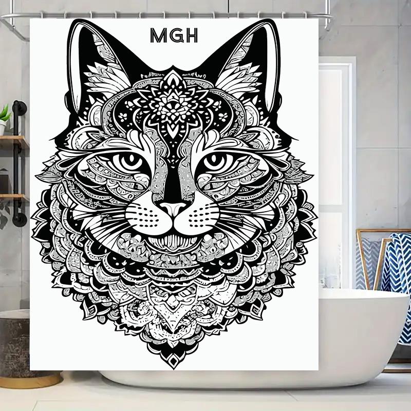 Decorative Mandala Shower Curtain Set Black and White Cat Pattern Bathrooms Accessories for Home Decoration 3D Printed Polyester 90x180cm