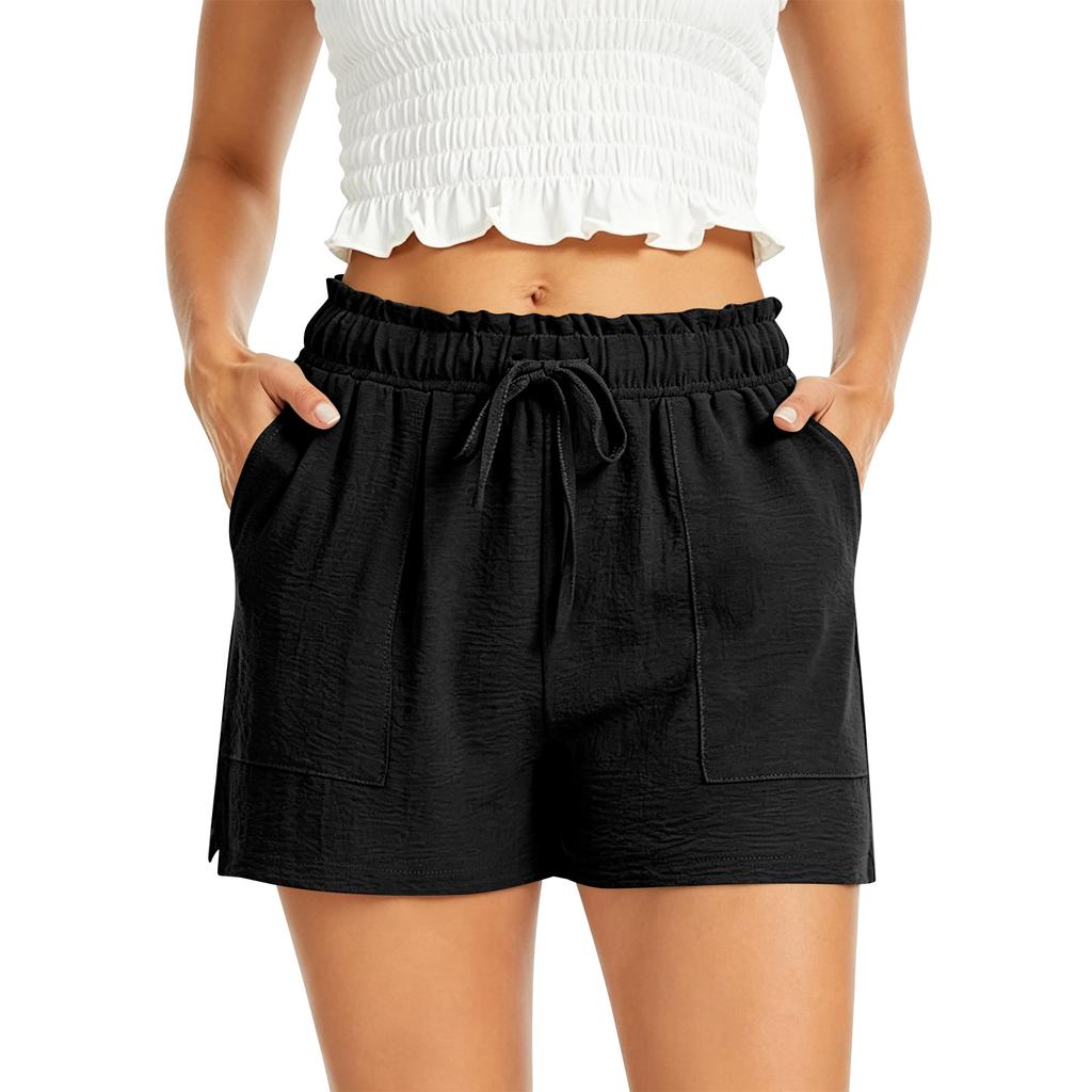 Pantaloncini Casual da Donna a Vita Alta con Tasche Estate Vestibilità Larga Vita Elastica Coulisse Gamba Larga