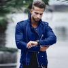 Brown diagonal zipper epaulettes denim locomotive men's leather jacket showing muscle men's XL large size zipper leather jacket tide