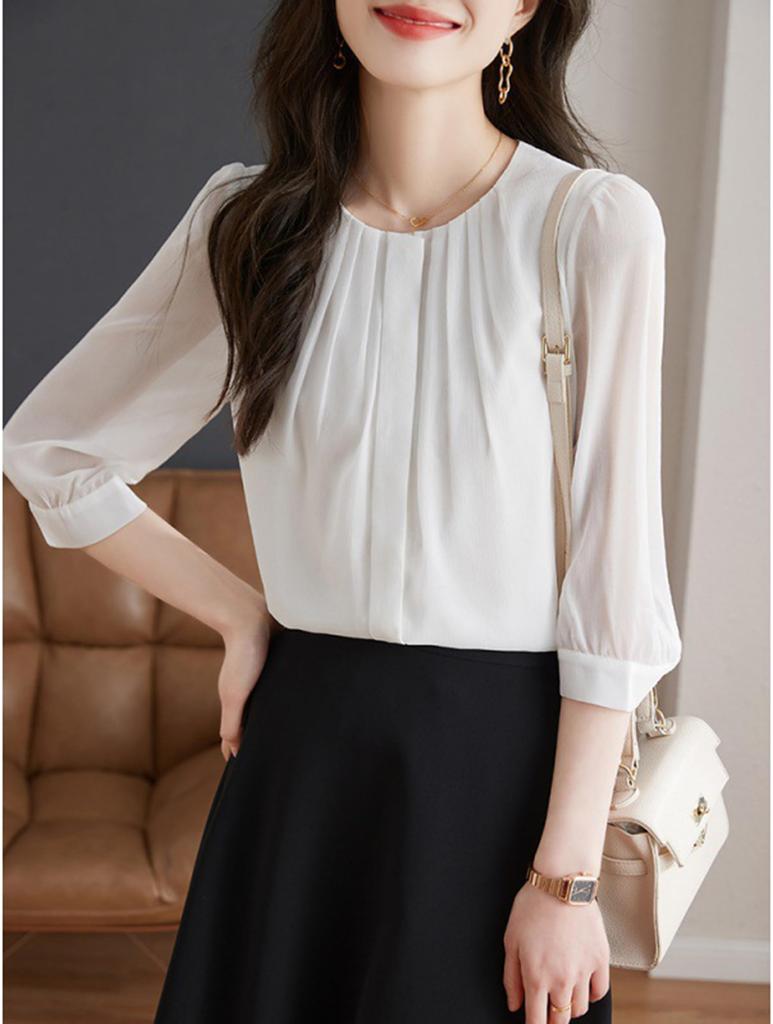 Hemd Bluse für Elegant Locker für Alltag Groß Herbst [Lalapala] Frauen, Chiffon, Oberteil, Passform, Einfarbig, Schlankmachend, Erwachsen, Stilvoll, Elegant, Vielseitig, 3/4