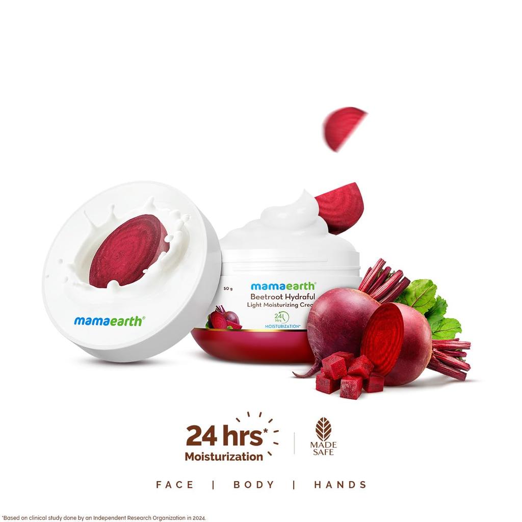 Mamaearth Beetroot Hydraful Light Moisturizing Cream 50g For Face Hand Body 24H Hydration Quick Absorbing Pink Glow