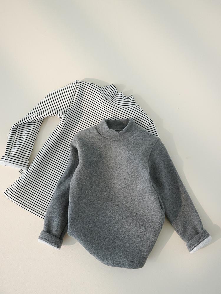 Kids' Winter Striped Velvet-Enhanced Thick Warm High-Collar Long-Sleeve T-Shirt
