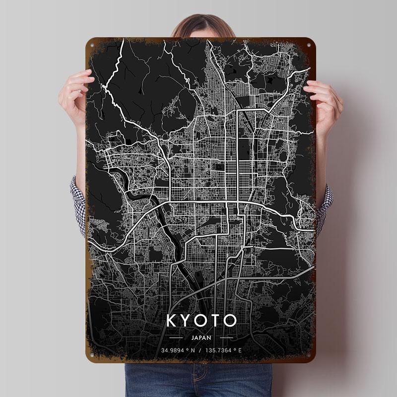 Kyoto City Map Dark Tinplate Posters Customizable Wall Art Retro Vintage Metal Signs for Home Room Bar Accessories Custom Plate