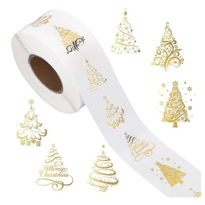 500 Pcs Christmas Stickers Roll Gold Foil Christmas Tree Label Stickers Winter Holiday Round Adhesive Decals for Envelopes Invitations Cards