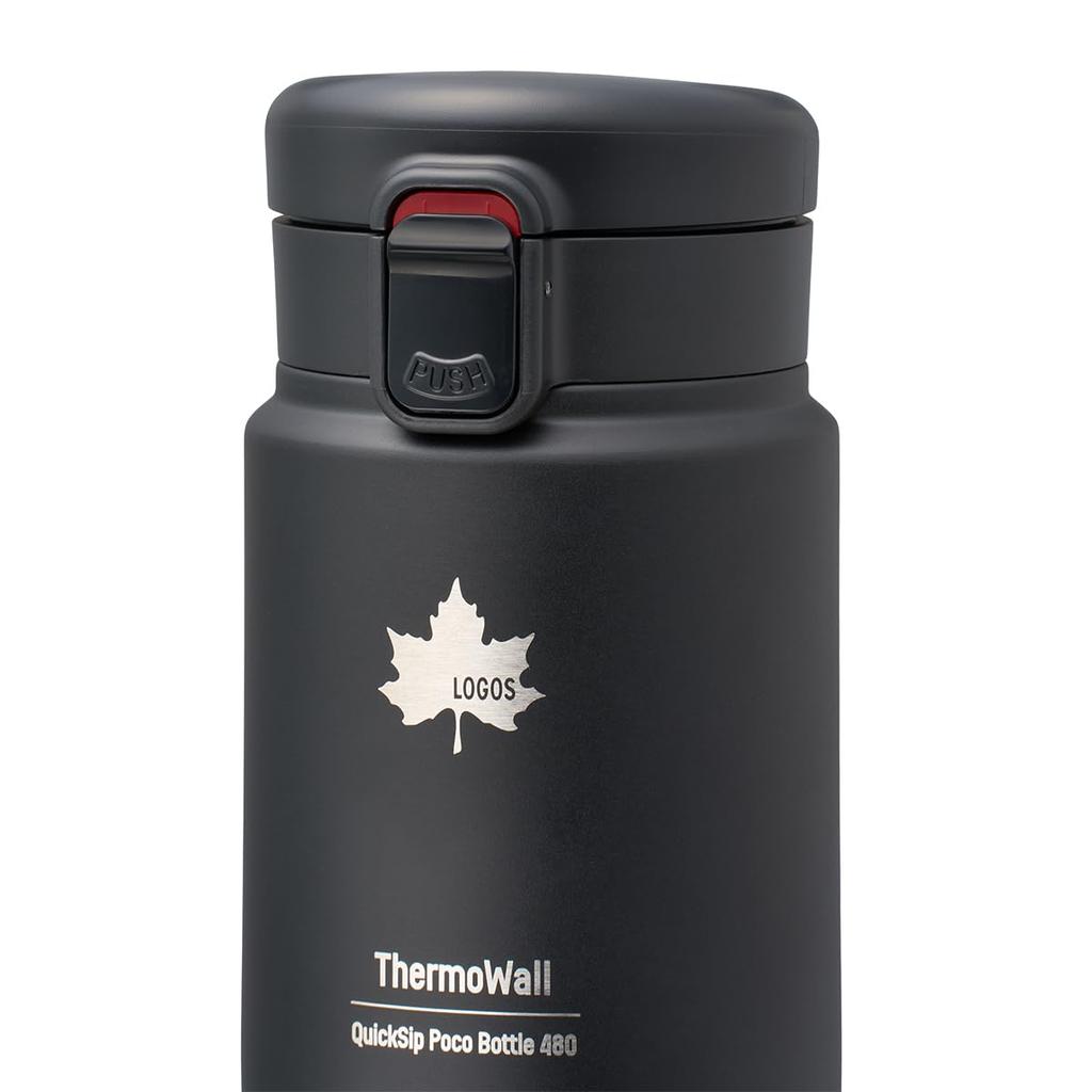 LOGOS ThermoWall Vacuum Insulated Bottle Black 81286171 Camping Mug Bottle Slim Design Lightweight Keeps Drinks Cold and Hot Direct Drinking One-Touch