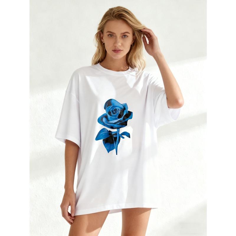 Oversized T Shirt Black Blue Rose Print Casual Wear For Women Summer Outfit Street Style Fashion Top