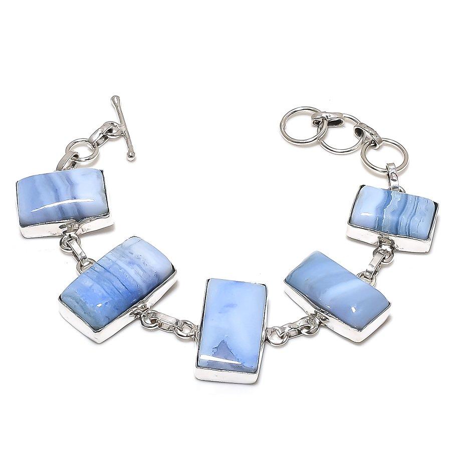 

Браслет из натурального голубого кружевного агата ручной работы из стерлингового серебра 925 пробы 7-8 дюймов J7m30