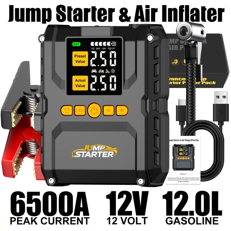 6500A Fast Jump Starter with Integrated 150PSI Tire Inflator, Portable Power Bank for Car, LED Emergency Flashlight, Smart Safety Protection, QC 3.0 матовый черный