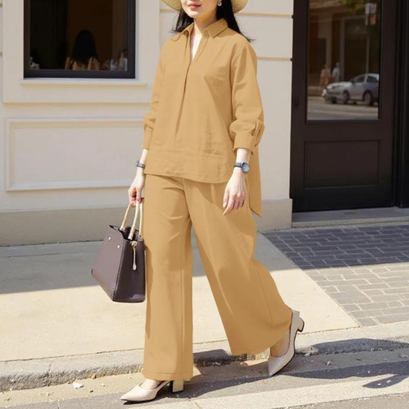 ZANZEA Bluză și pantaloni cu mânecă lungă pentru femei Seturi casual din două piese