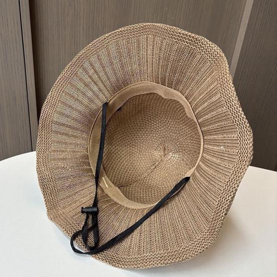 Fisherman Hat with Flower Detail, Wide Brim Glitter Bucket Hat, Knit Design Adjustable Drawstring Knit Hat, Lightweight Sun Hat for Travel Beach