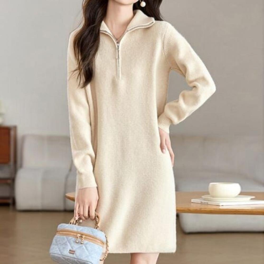Navava Women Warm Solid Ribbed Half Zip Collar Long Sleeve Knit Dress No951