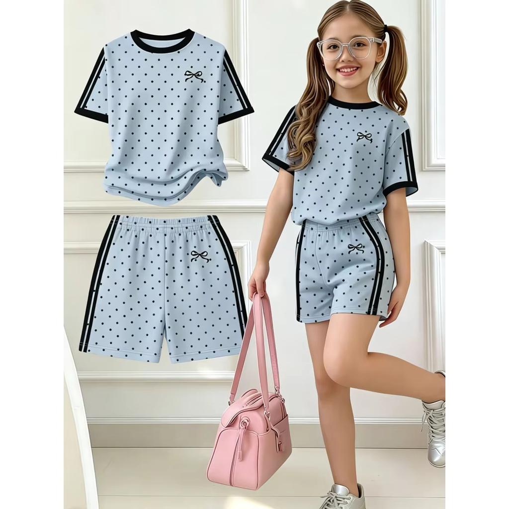 Kids Clothes Girls 2pcs Set Easy Bow Print Short Sleeve T-Shirt and Shorts Set Suitable for Spring and Summer Y2K Fashion