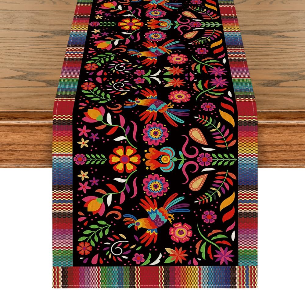 Mexican Day of The Dead Linen Table Runner Home Decor Washable Mexico Dia De Los Muertos Table Runners Fiesta Party Decorations