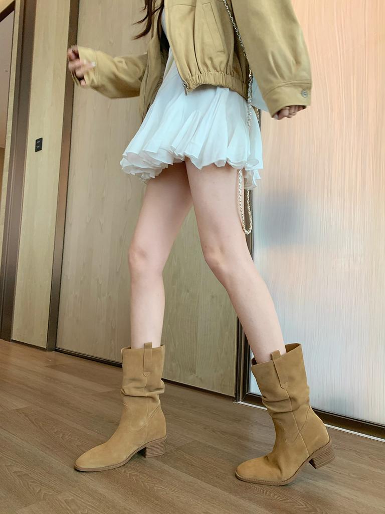 Cowhide grape mother with the same height increase of 8cm Korean round head V mouth thick heel thin pile short boots female western cowboy boots