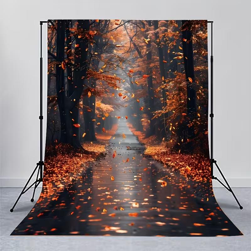 

2D Autumn Leaves Road Photo Backdrop, Fall Forest Scenery Background for Studio Photography 47.2x31.5inch/120*80cm