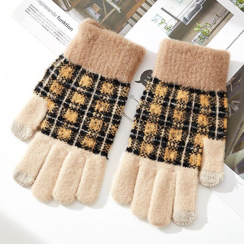 Winter New Full-finger Women's Warm Knitted Wool Gloves Plaid Velvet Finger Cycling Cold Protection