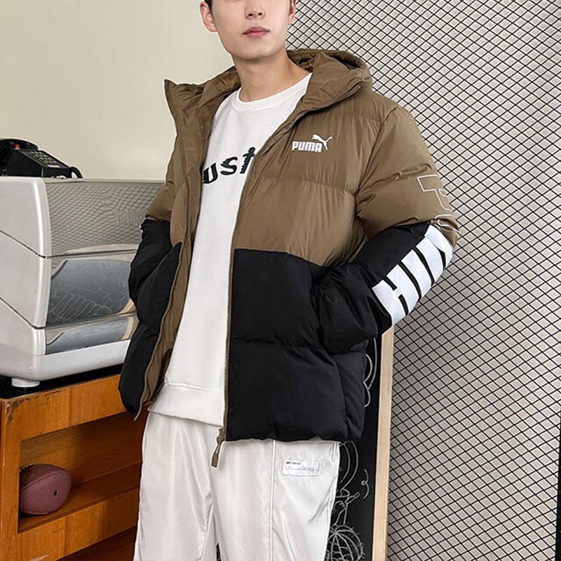 Puma Barevný blok potisk písmen Teplá větruodolná péřová bunda s kapucí Pánské svrchní oblečení Čokoládová 678720-93