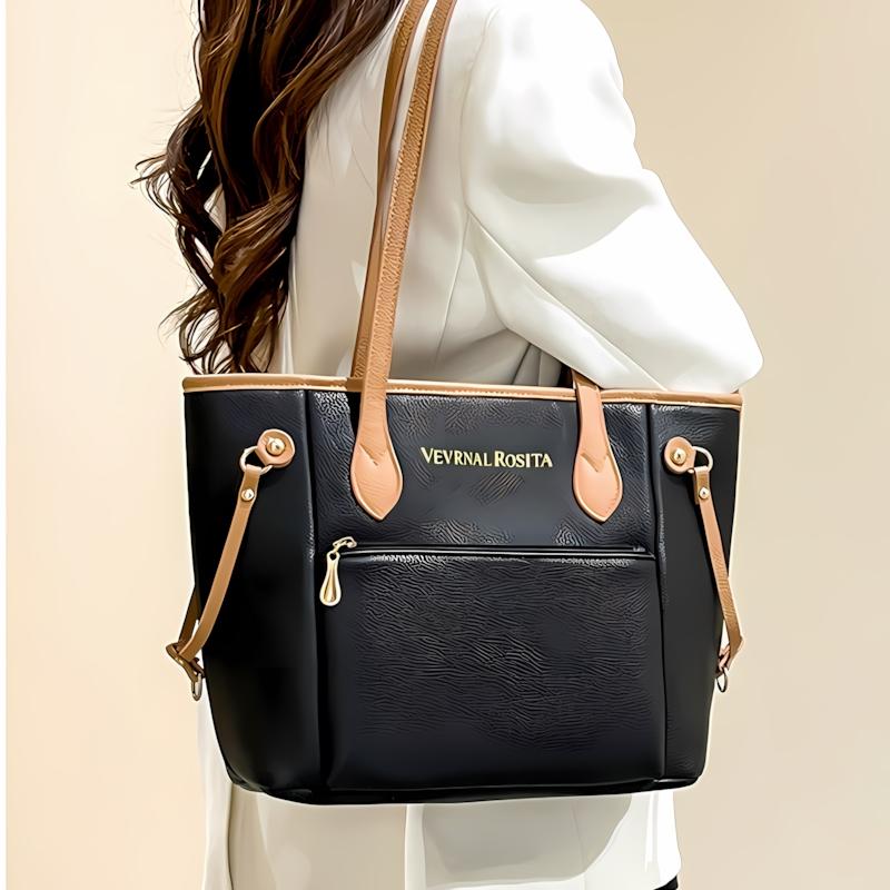 Color Contrast PU Leather Tote Bag, Adjustable Side Strap Large Capacity Shoulder Handbag For Women Office Commute Daily Shopping