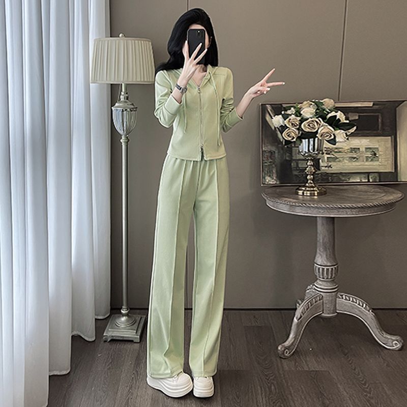 Fashionable Temperament Suit, Lazy Style Hooded Slim Fit Zipper Sweatshirt Casual Wide-leg Pants Two-piece Set