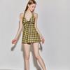 1011 Fashion Retro One-piece Swimsuit Women's Skirt Conservative Neck Back Pants French Hot Spring Resort Swimsuit
