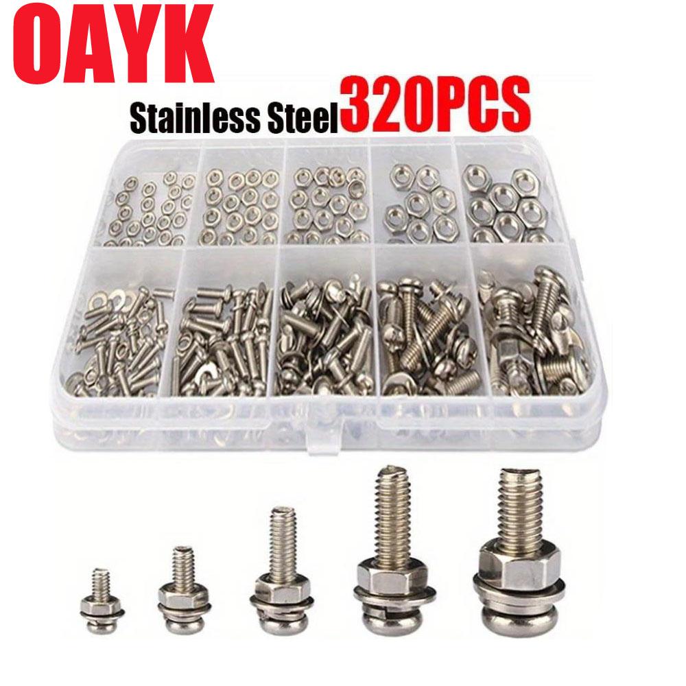 OAYK 320Pcs Stainless Steel SS304 Screws An Head Screws Nuts Bolts Assortment Kit M2 M2.5 M3 M4 M5 Metic Nut And Bolt Assortment