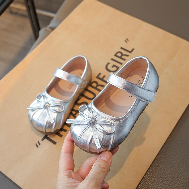 Girls shoes leather shoes silver princess shoes baby children bow show doll shoes soft sole spring and autumn single shoes