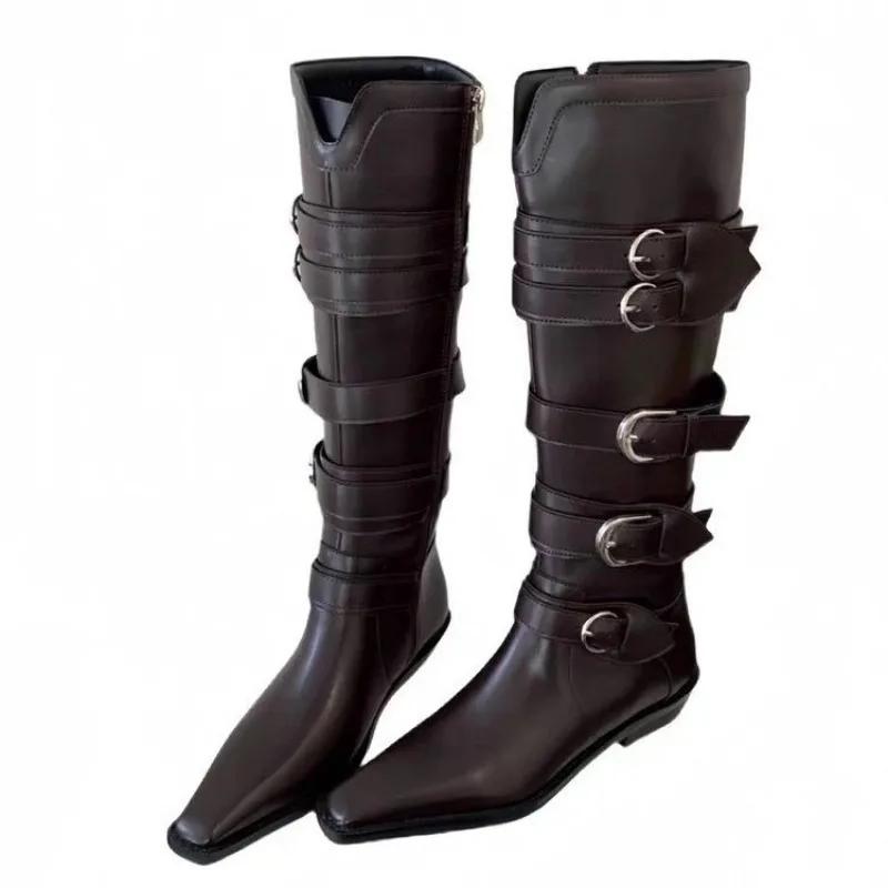 Fashion Shoes for Women 2024 High Quality Slip-on Women's Boots Fashion Belt Buckle Knight Boots Sexy Pointed Toe Solid Knee-High Boots