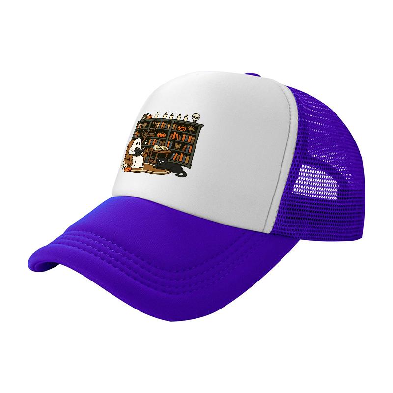 Library Cats Bookshelf Design Mesh Baseball Cap Breathable Trucker Hat for Cat Lovers Reading Theme Fashion Accessory