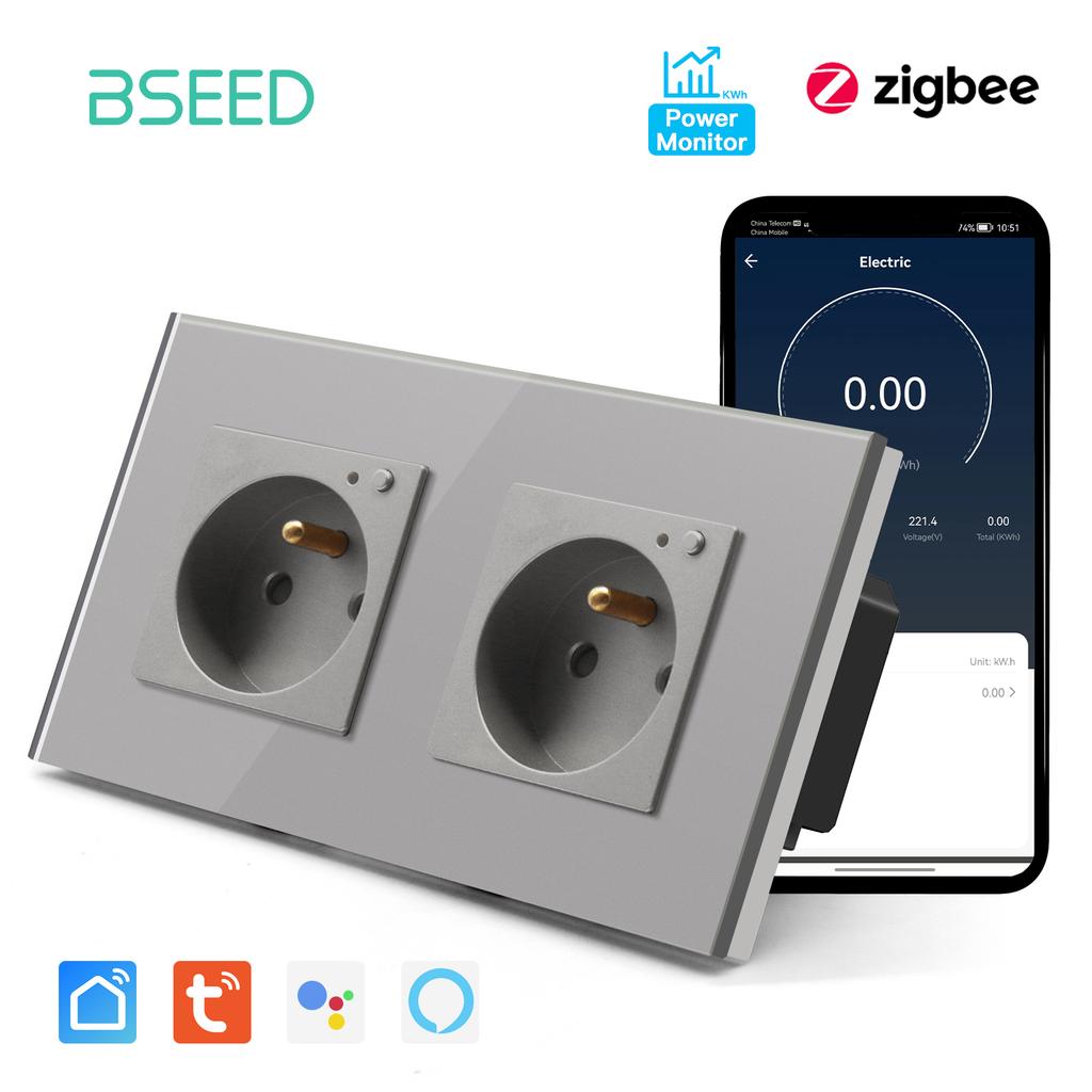 BSEED French Zigbee Socket Wall Smart Sockets Power Monitor Function Tuya Smart Life Google Alexa Voice Control Glass Panel 16A
