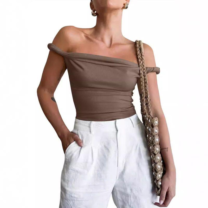 

Solid Color One Neck Sleeveless Top Pure Color off-Neck Slim Fit Sleeveless Top Women Dark brown XS