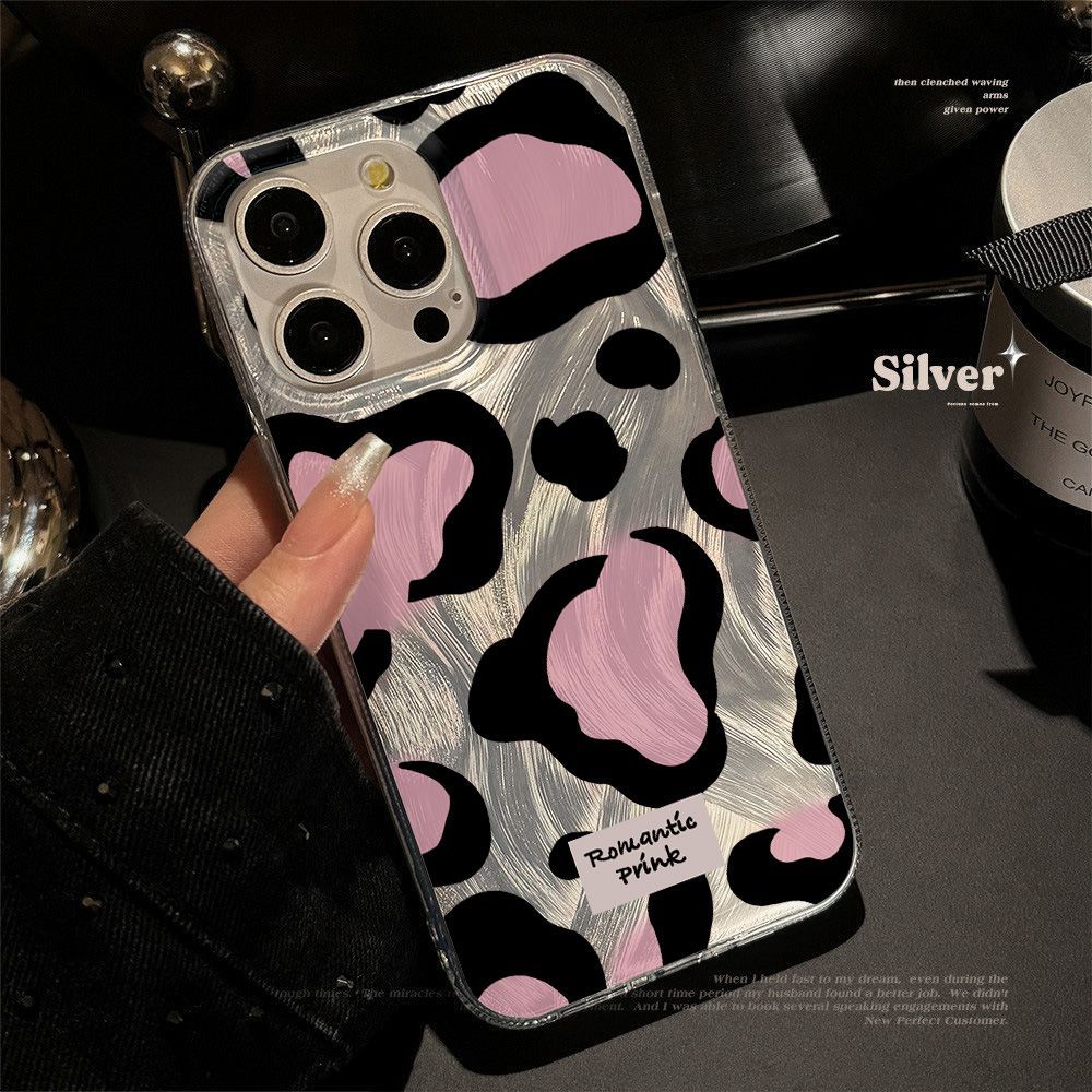 Sweet and cool black pink leopard print is suitable for iPhone17promax Apple 16IMD feather yarn mobile phone case 14/13 large hole 15.
