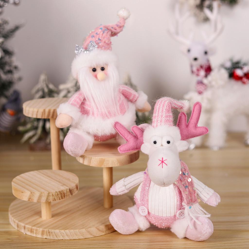 Adorable Pink Snowman And Reindeer Plush Figurines For Christmas Holiday Decor
