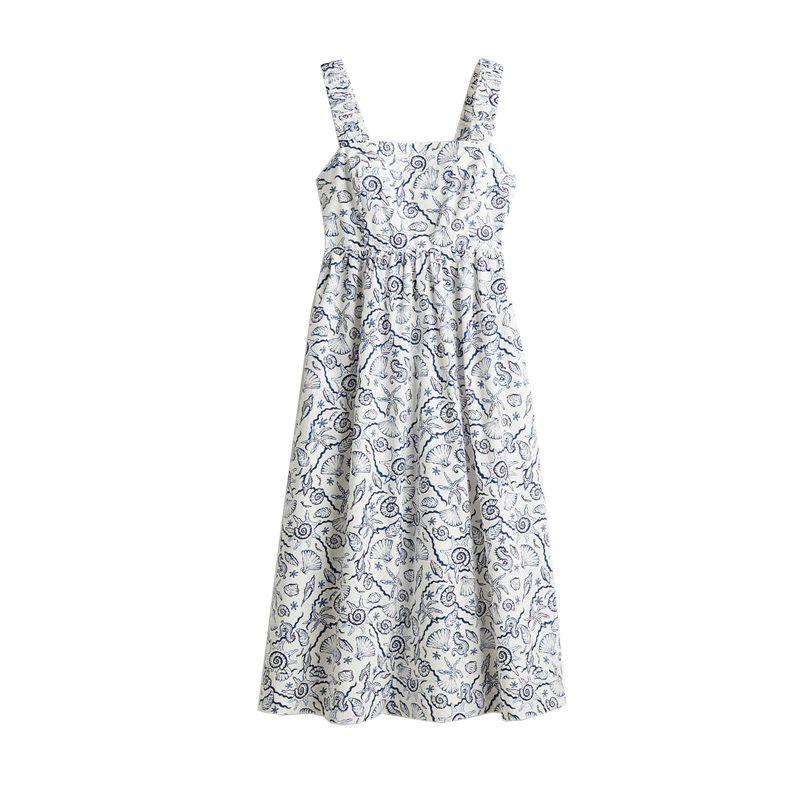 Summer New Product Women's Clothes Cotton Pleated Floral Square Collar Flared Mid-Length Sling Dress 1287798