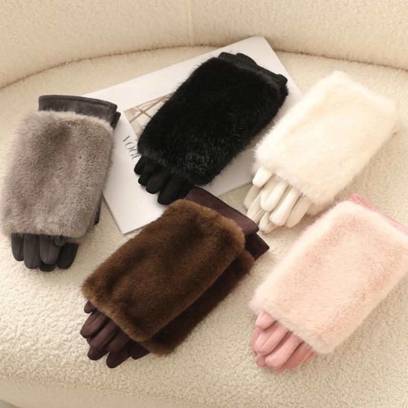 Damen Herbst- und Winterhandschuhe aus Kaninchenfell plus Samt verdickt winddicht und warm Reiten Kälteschutz Touchscreen Wildlederhandschuhe