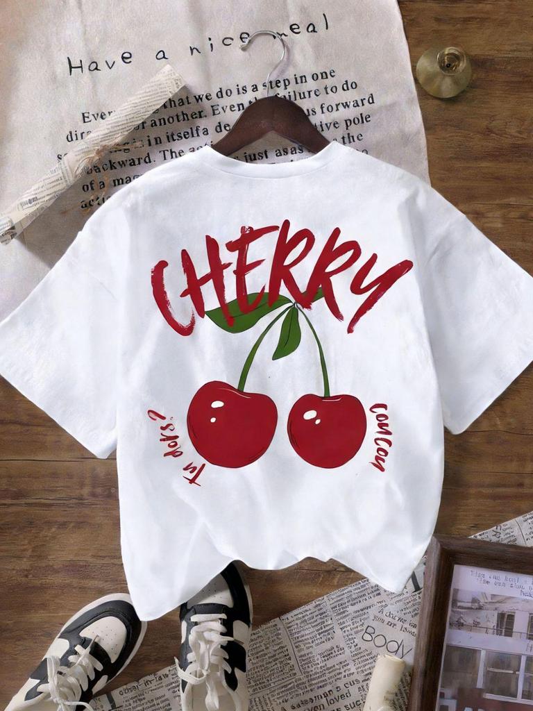 2026 Spring/Summer Cherry Print Women's Loose Round Neck T-Shirt