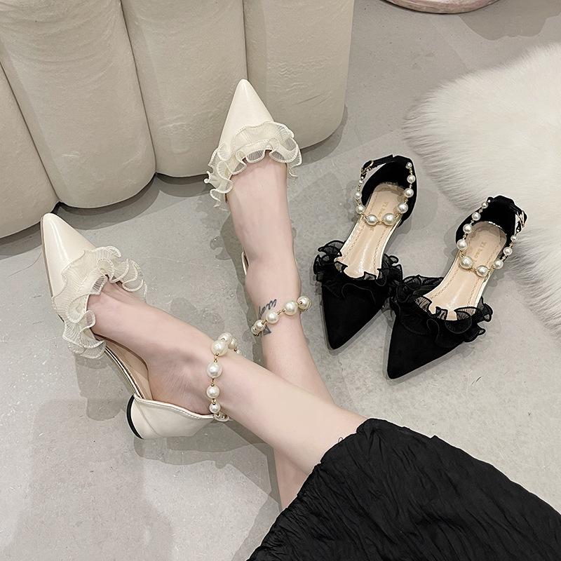 Pointed single shoes women's design sense niche spring and summer new late evening breeze gentle shoes middle heel French bag head sandals