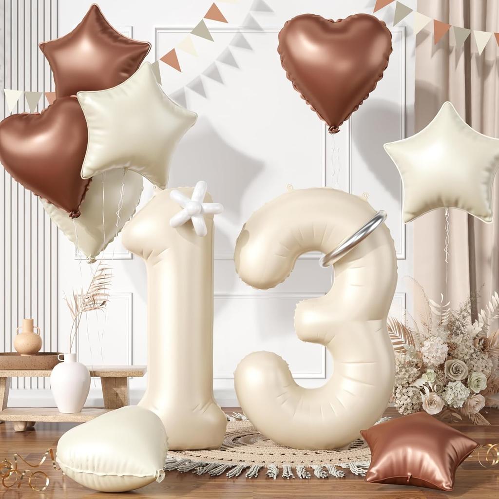 13 Pcs40inch Digital Love Pentagram Aluminum Film Balloon Set 10~21 Years Old Number Cream White Number for Birthday Party Decor