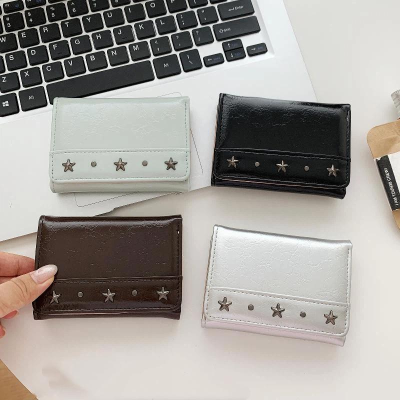 Pu Star Rivet Trifold Wallet Ultra Thin Multiple Slots Card Holder Large Capacity Compact Size Coin Pocket Daily Use