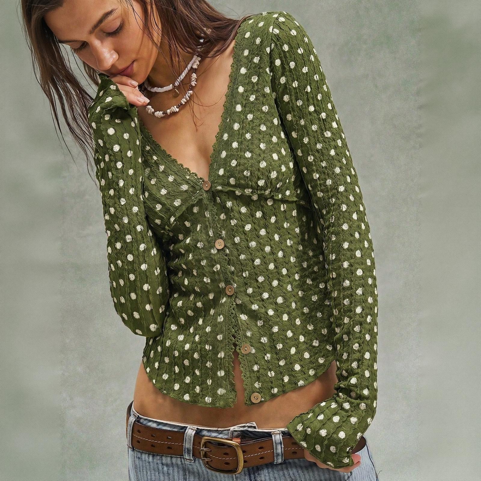 Women s Long Sleeve Polka Dot Knit Cardigan V-Neck Ruffle Lace Trim Cropped Jacket L
