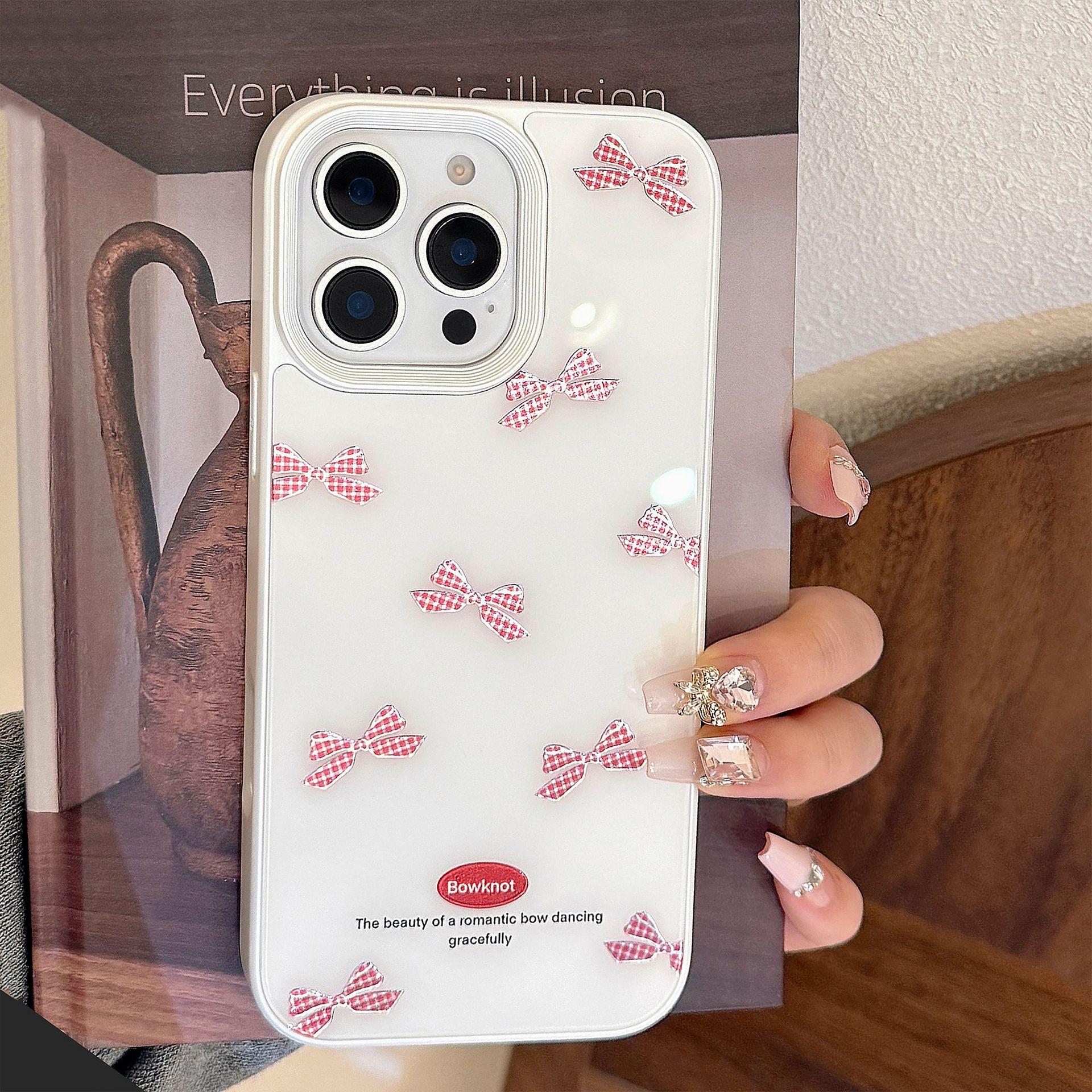 

Gilded Red Checkered Bow IPhone 15 Phone Case Apple 14 Suitable for 16promax Glass Hard 13 Sweet 16promax