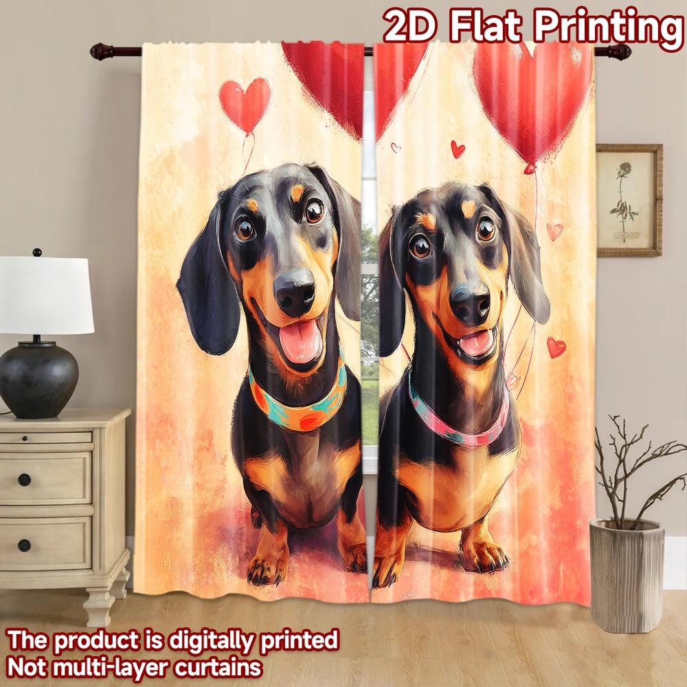 2D flat printing 2pcs Party Curtains Dachshund Dogs Heart Balloons Digital Printed Polyester Drapes Festive Holiday Use for New