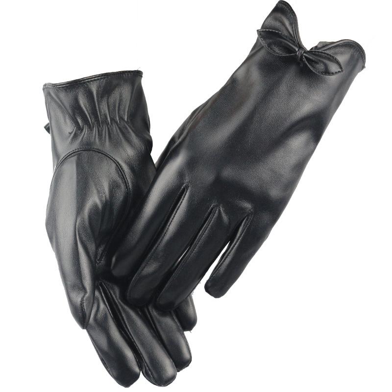 

Внешнеторговые кожаные перчатки с сенсорным экраном женские осенне-зимние корейская версия утолщенные и бархатные теплые с бантом для улицы верховой езды и вождения one size fits all чёрный