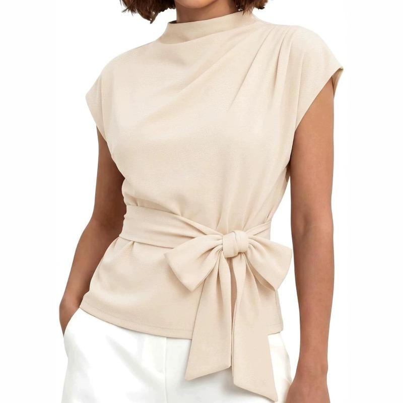 Women Fashion Simple Half High Neck Short Sleeve Belted Waist Top