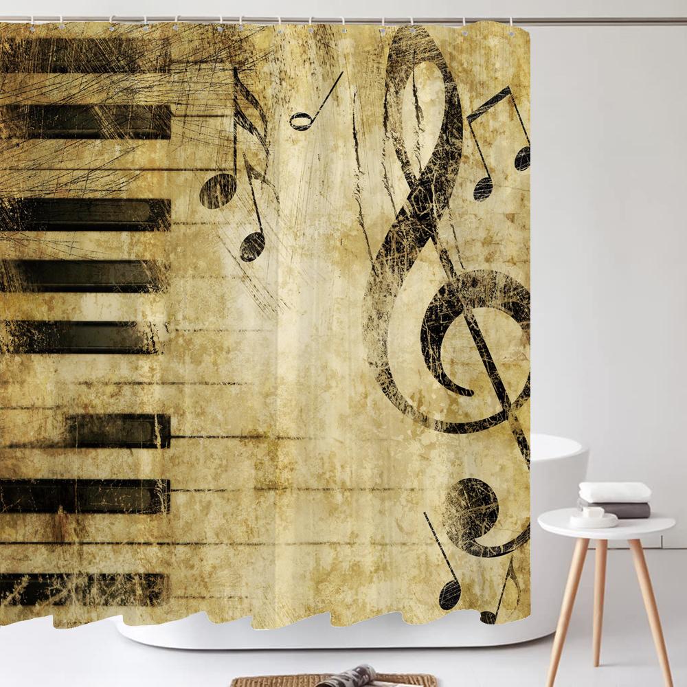 

200X180Cm Bathroom Waterproof Shower Curtain Simple Art Music Notes Pattern Printed Polyester Home Decoration Curtain With Hooks W60H190(CM)-1 Pcs