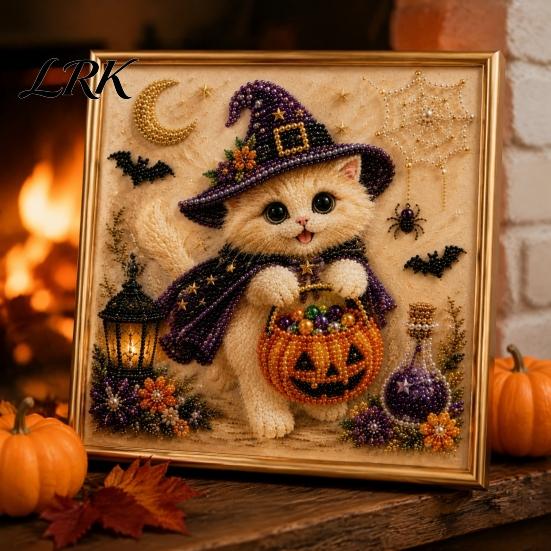 Halloween Home Decorations Witch Hat Cat DIY 3D Pearl Painting Kit with Frame, Hand-Pasted Art Craft for Adults, Relaxing Personalized Gifts